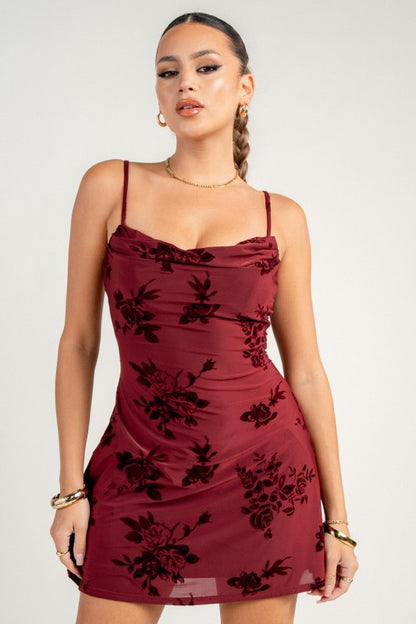 BUSTIER COWL NECK SPGT STRAP FLARE MINI DRESS