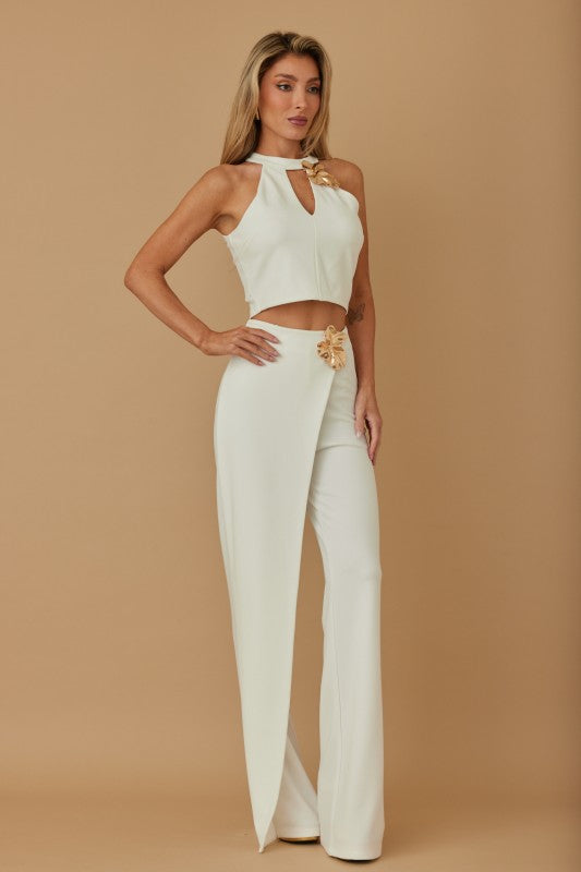 FLOWER STONE CROP TOP PANTS SET