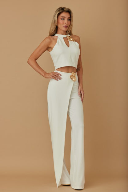 FLOWER STONE CROP TOP PANTS SET