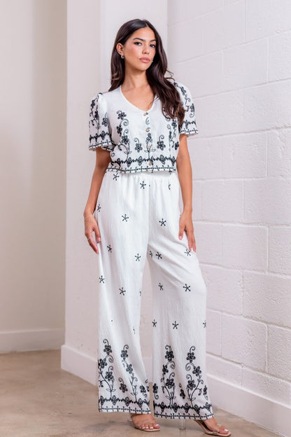 BUTTON UP EMBROIDERED TOP AMD PANTS SET