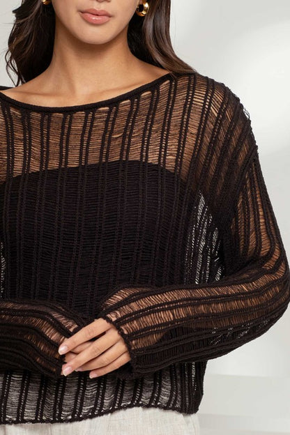 SHEER CROCHET LADDER KNIT PULLOVER SWEATER