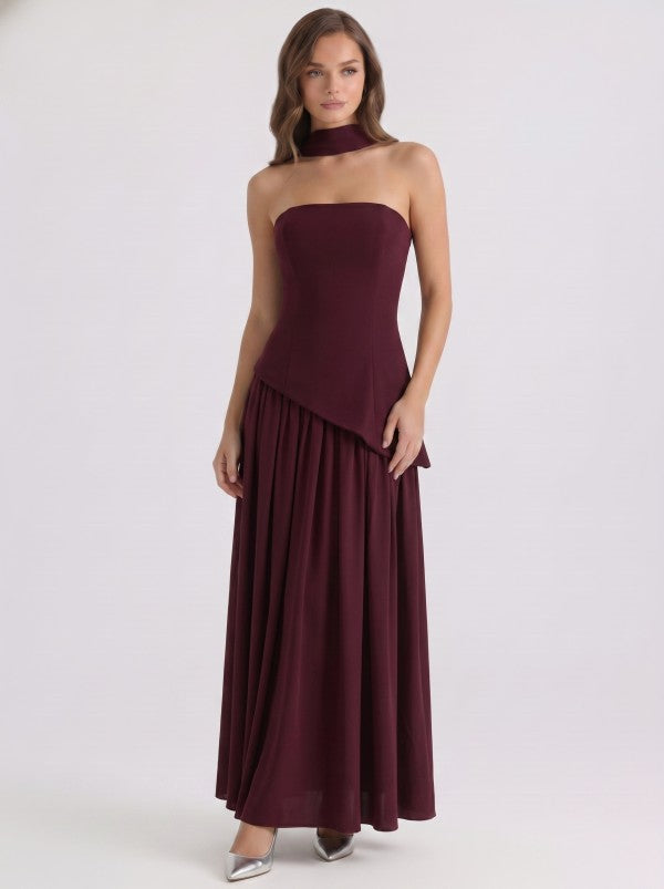 STRAPLESS LACE UP CORSET GATHERED MAXI DRESS WITH SCARF
