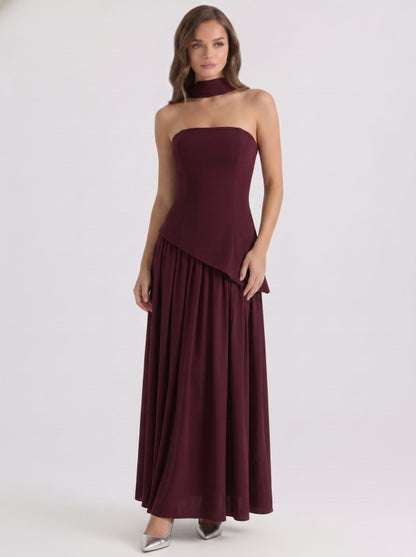 STRAPLESS LACE UP CORSET GATHERED MAXI DRESS WITH SCARF