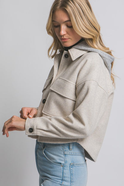 CROPPED FLEECE SHACKET WITH REMOVABLE HOOD