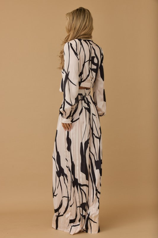 PLEATED PRINTED LONG SLEEVES TOP PANTS SET