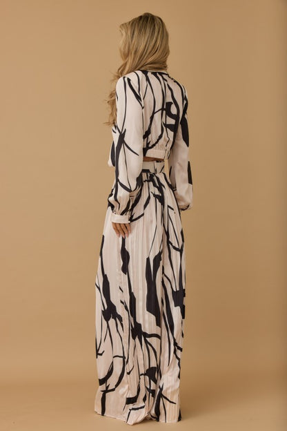 PLEATED PRINTED LONG SLEEVES TOP PANTS SET
