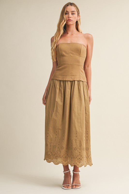 STRAPLESS EYELET SCALLOP HEM TWOFER MIDI DRESS