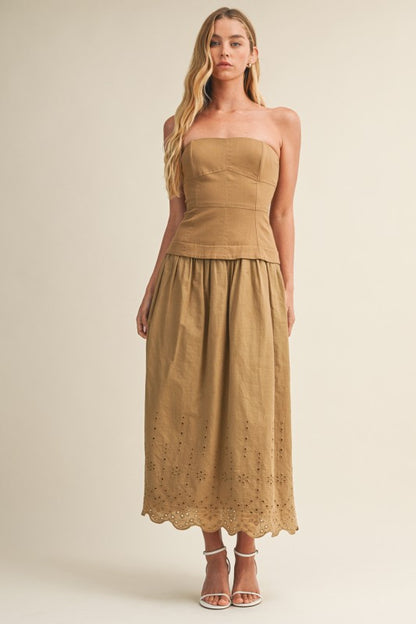 STRAPLESS EYELET SCALLOP HEM TWOFER MIDI DRESS