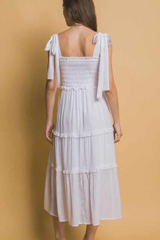PLEATED SMOCKED MIDI DRESS