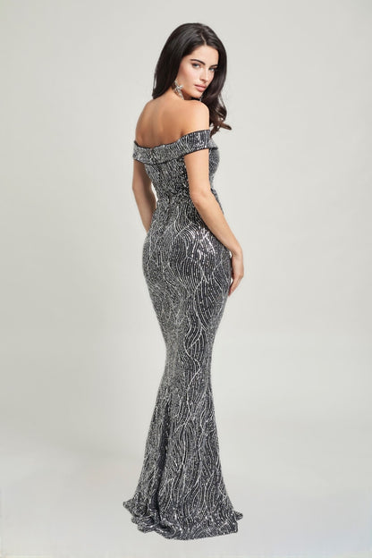 OFF SHOULDER CONTRAST SEQUINS MAXI DRESS