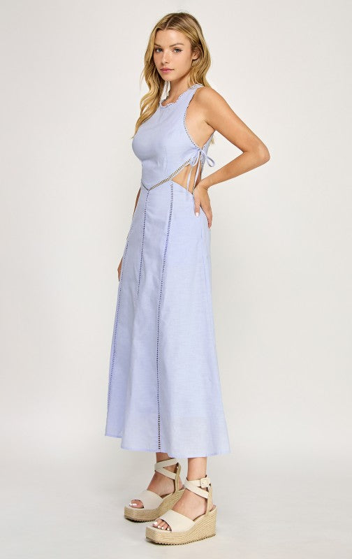 SIDE CUTOUT TIE FINISH LACE TRIM MAXI DRESS