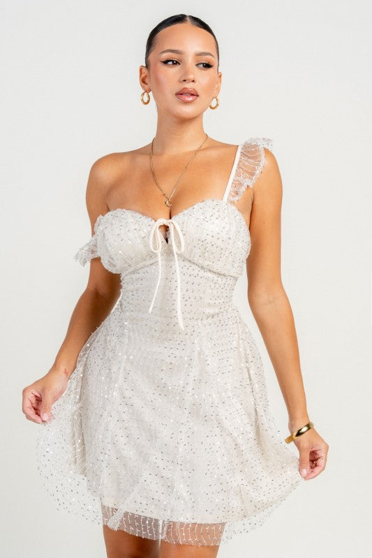 OFF THE SHOULDER EMBELLISHMENT A-LINE MINI PARTY DRESS