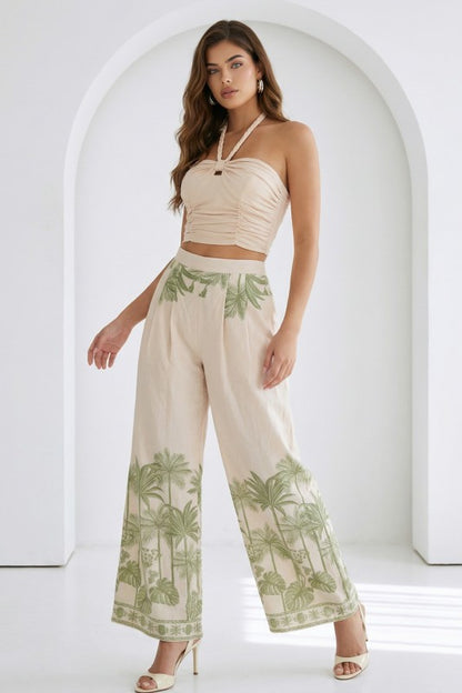 HALTER TOP & TIE FRONT WIDE LEG PANTS