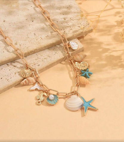 OCEAN STYLE PENDANT NECKLACE WITH SEA CHARMS & EARRINGS SET