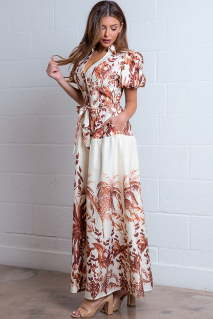 LEAF PRINT TIERED MAXI DRESS