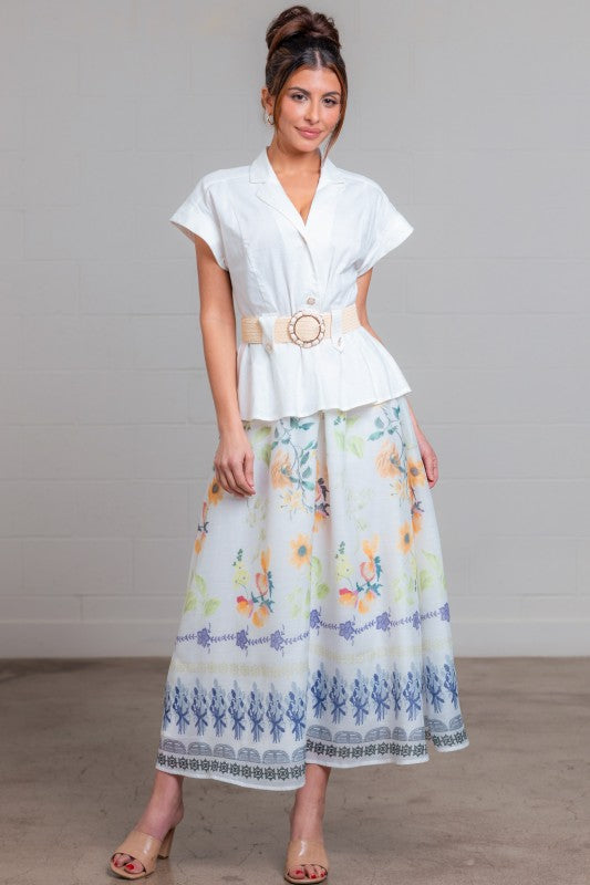 BELTED FLORAL PRINTED MIDI DRESS