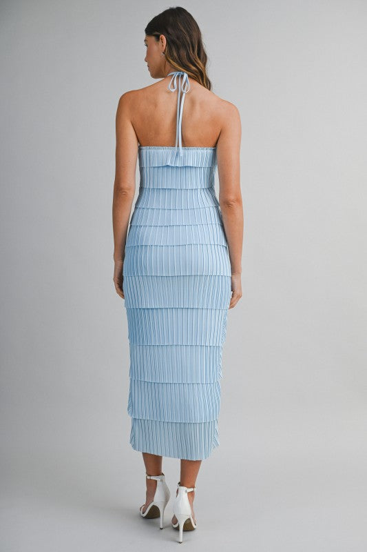 PLEATED HALTER LAYERED DIAGONAL RUFFLE MIDI DRESS
