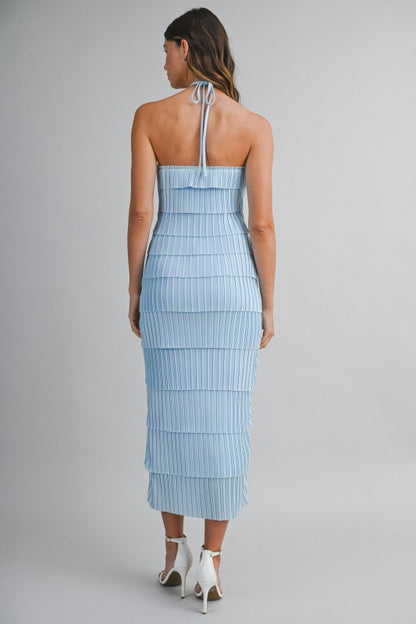PLEATED HALTER LAYERED DIAGONAL RUFFLE MIDI DRESS