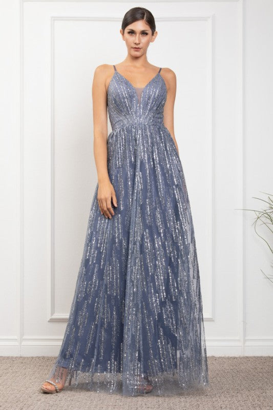 DEEP V NECK SPAGHETTI STRAP SEQUINED MAXI COCKTAIL DRESS