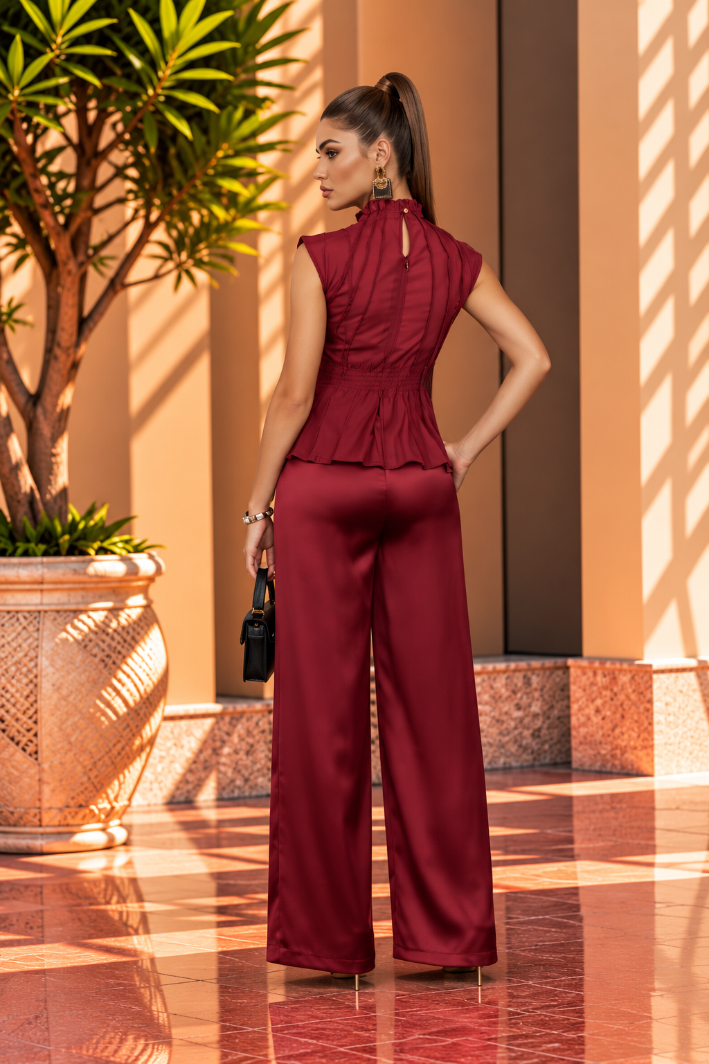 MOCK NECK PEPLUM TOP & SATIN PANTS SET