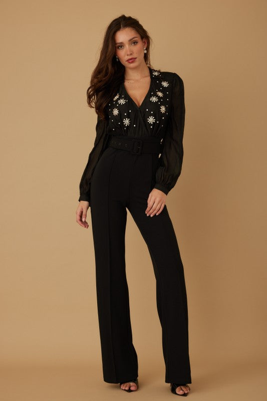 SILKY LOOSE PEARL STONE JUMPSUIT