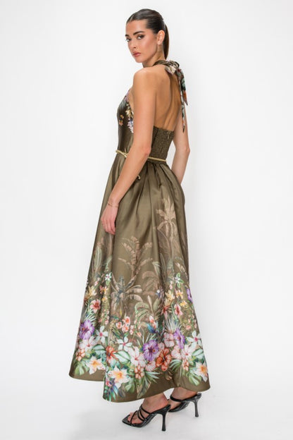 TROPICAL FLORAL HALTER BELTED MAXI DRESS