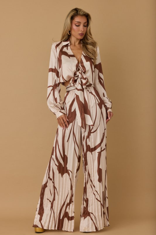 PLEATED PRINTED LONG SLEEVES TOP PANTS SET