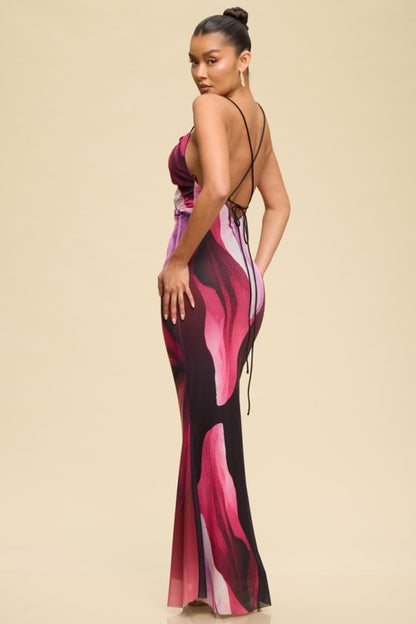 PRINTED MESH MAXI LACE UP SUMMER DRESS