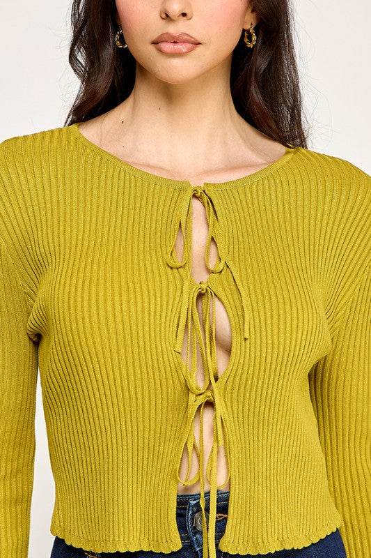 LONG SLEEVE SWEATER CROP TOP WITH TRIPLE FRONT TIES