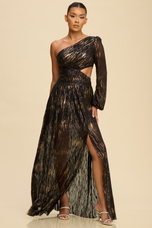 ONE SHOULDER SEQUIN MESH MAXI PARTY DRESS