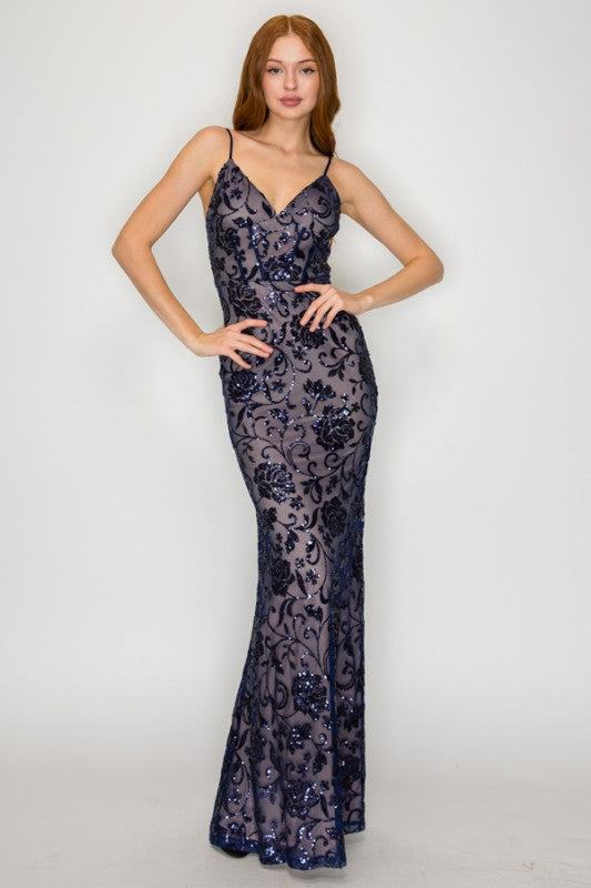 FLORAL SEQUIN CORSET MAXI COCKTAIL DRESS