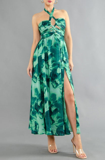 Floral Print Halter Neck Keyhole Maxi Dress