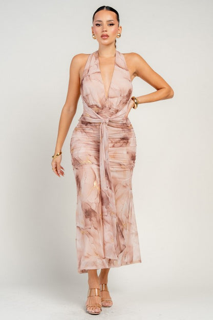 METALLIC MESH PRINT MAXI DRESS W/ A FRONT SASH