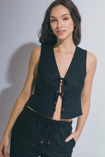 LINEN TIE FRONT VEST PANTS SET