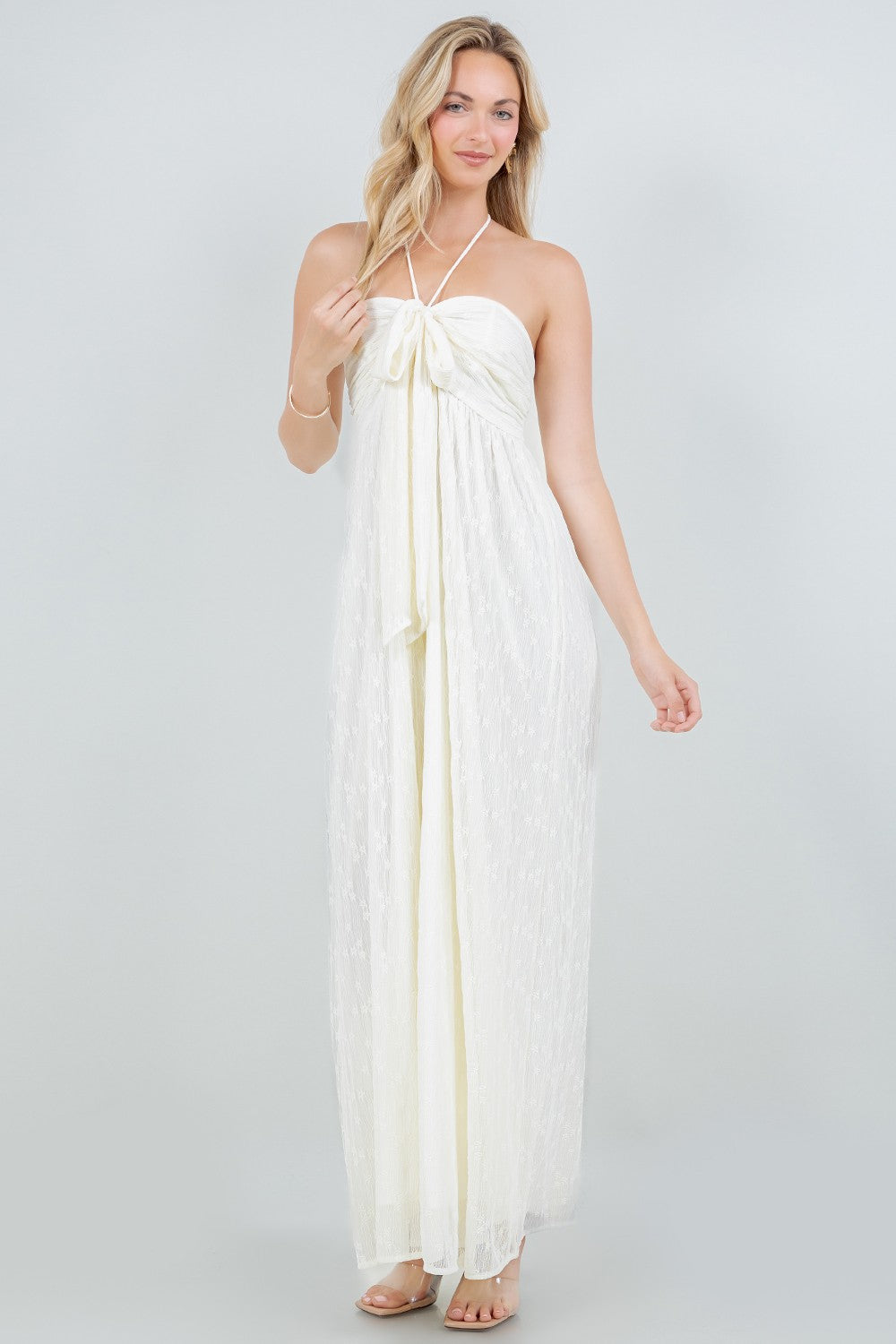 SOLID FRONT TIE HALTERED JUMPSUIT