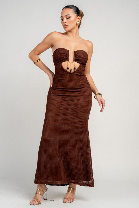 LACE W/ STONE STRING BUST CUTOUT TUBE ANKLE DRESS