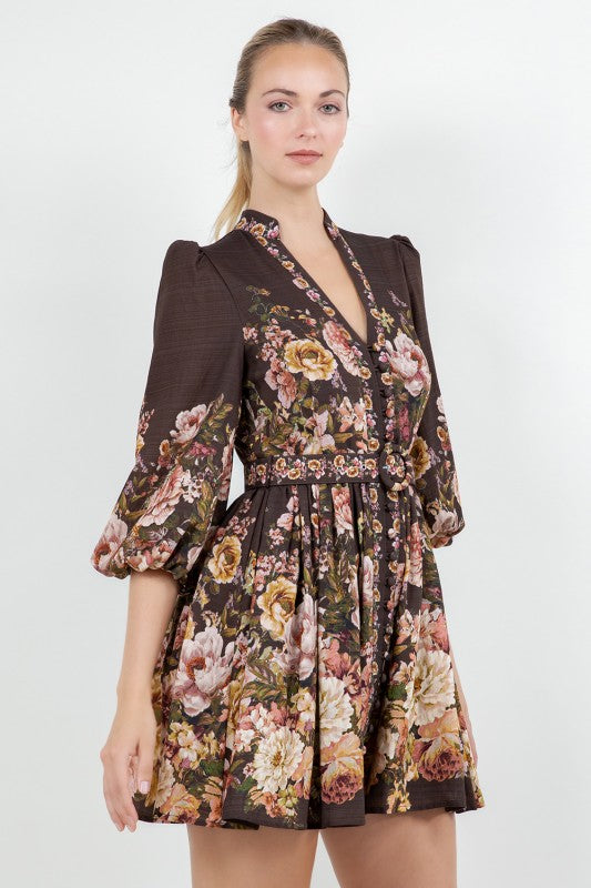 FLORAL LONG SLEEVE BELTED MINI DRESS