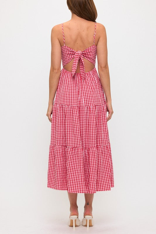 GINGHAM BOW BUST BACK TIE POPLIN MAXI DRESS