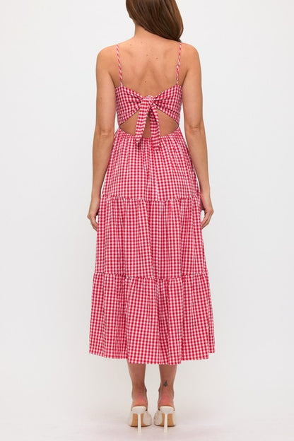 GINGHAM BOW BUST BACK TIE POPLIN MAXI DRESS