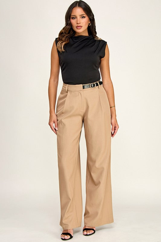 SIDE BELTED WIDE LEG TROUSER PANTS
