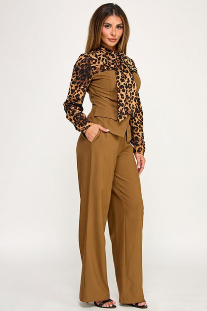 LONG SLEEVE NECK TIE WITH 2 FER DETAIL TOP PANTS SET