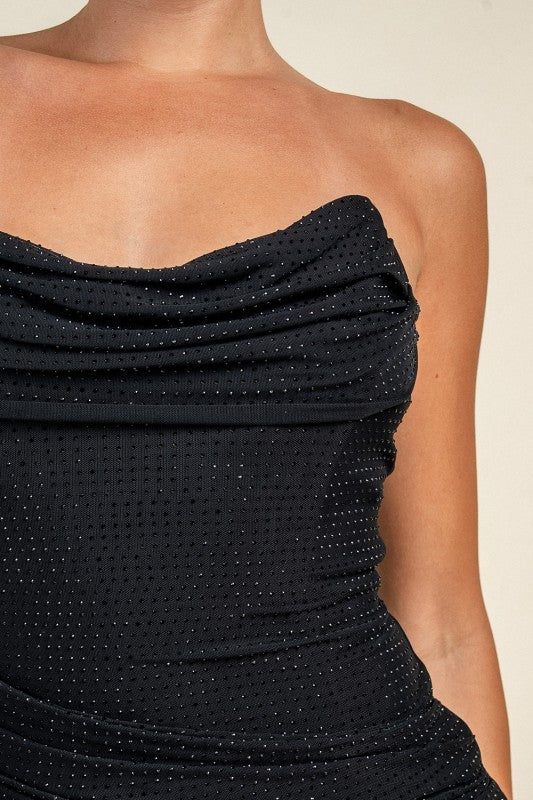 EMBELLISHED MESH COWL NECK MINI PARTY DRESS