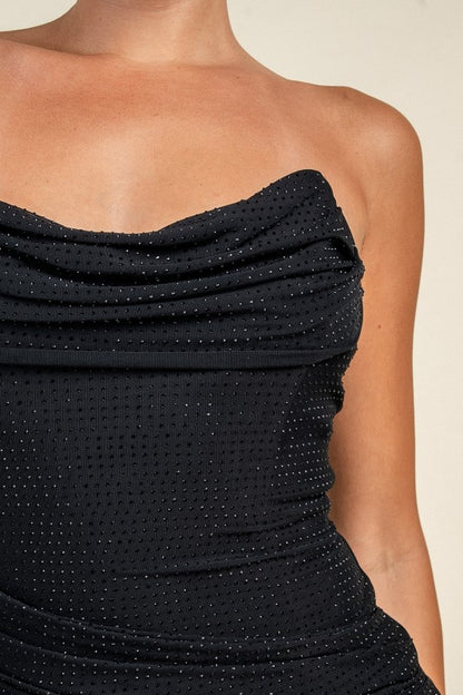 EMBELLISHED MESH COWL NECK MINI PARTY DRESS
