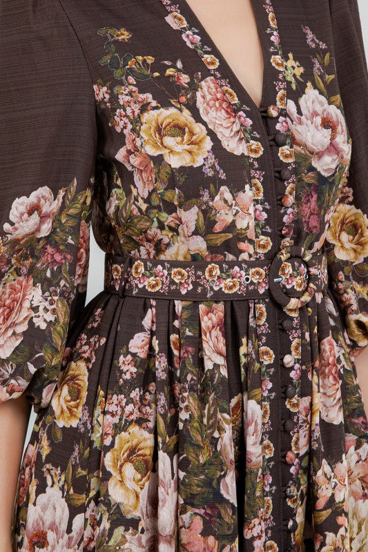 FLORAL LONG SLEEVE BELTED MINI DRESS