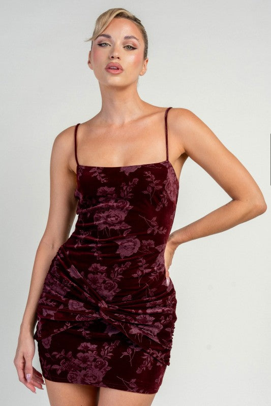 FRONT TWIST VELVET MINI DRESS