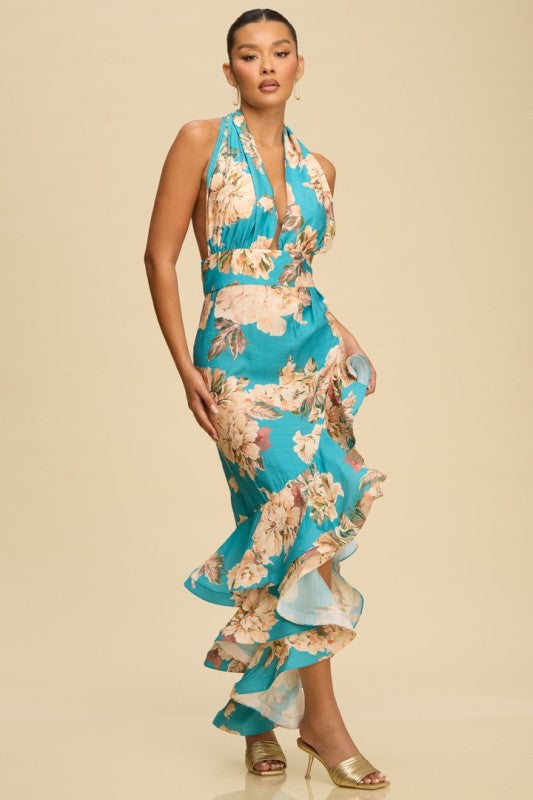 VINTAGE HALTER RUFFLE TIERED PRINTED DRESS