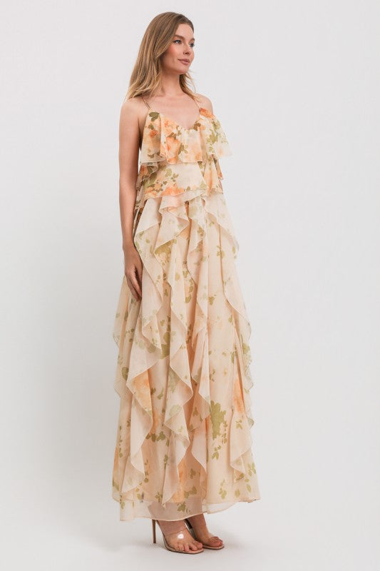 FLOWER PRINT SPAGHETTI STRAP OPEN BACK RUFFLE MAXI DRESS