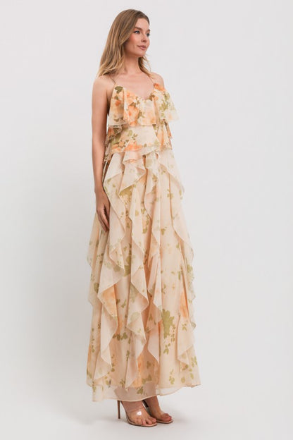 FLOWER PRINT SPAGHETTI STRAP OPEN BACK RUFFLE MAXI DRESS