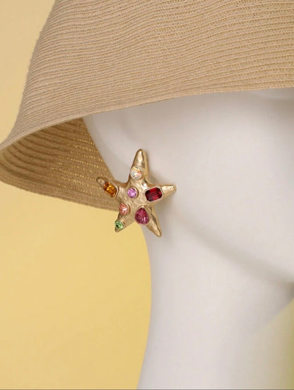 GOLD & MULTI COLOR RHINESTONE STARFISH EARRINGS