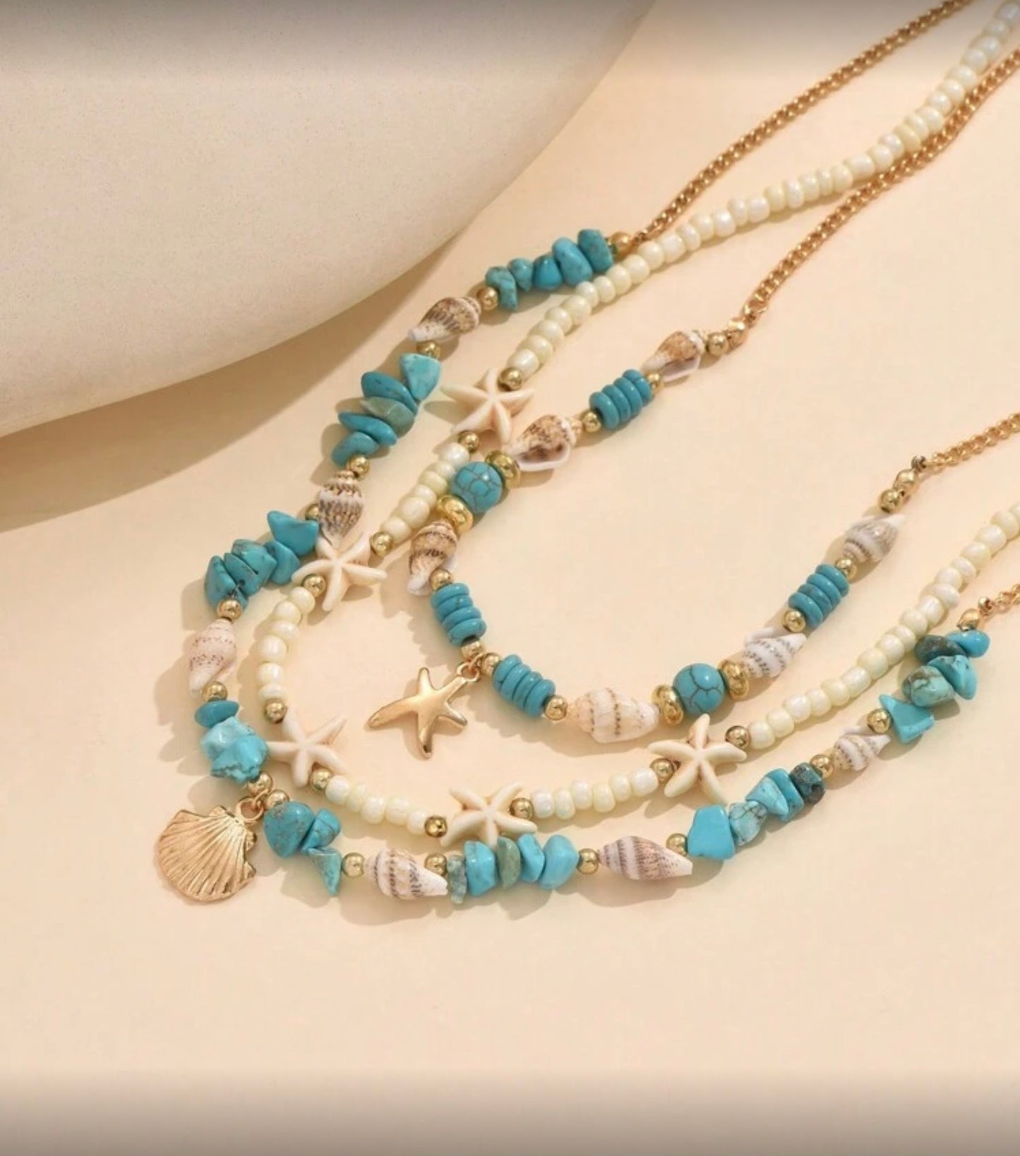 3pcs Set Turquoise Shell & Pearl Beaded Necklace